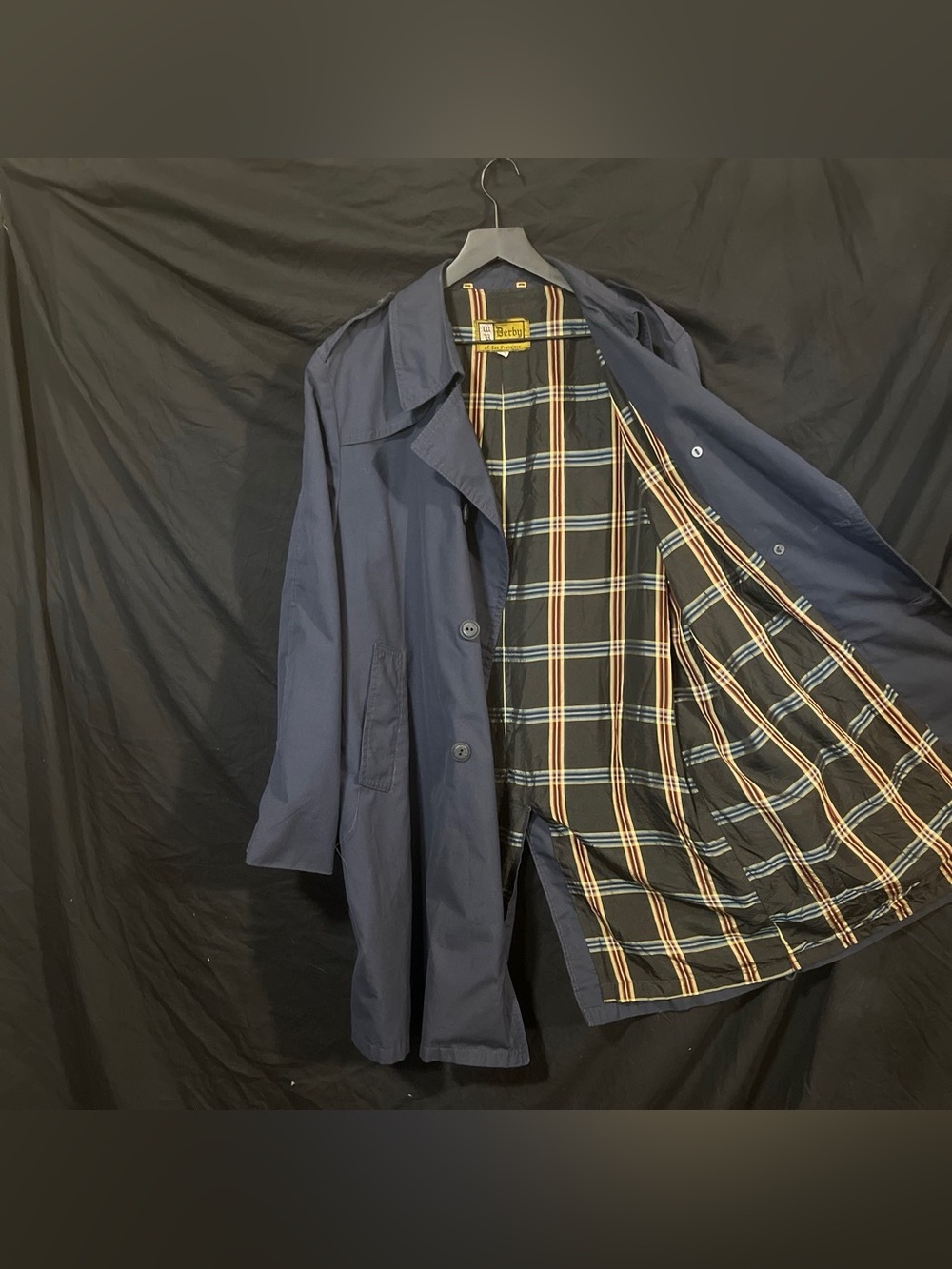 Derby Brand Navy Men's Trench Coat with Plaid Lining